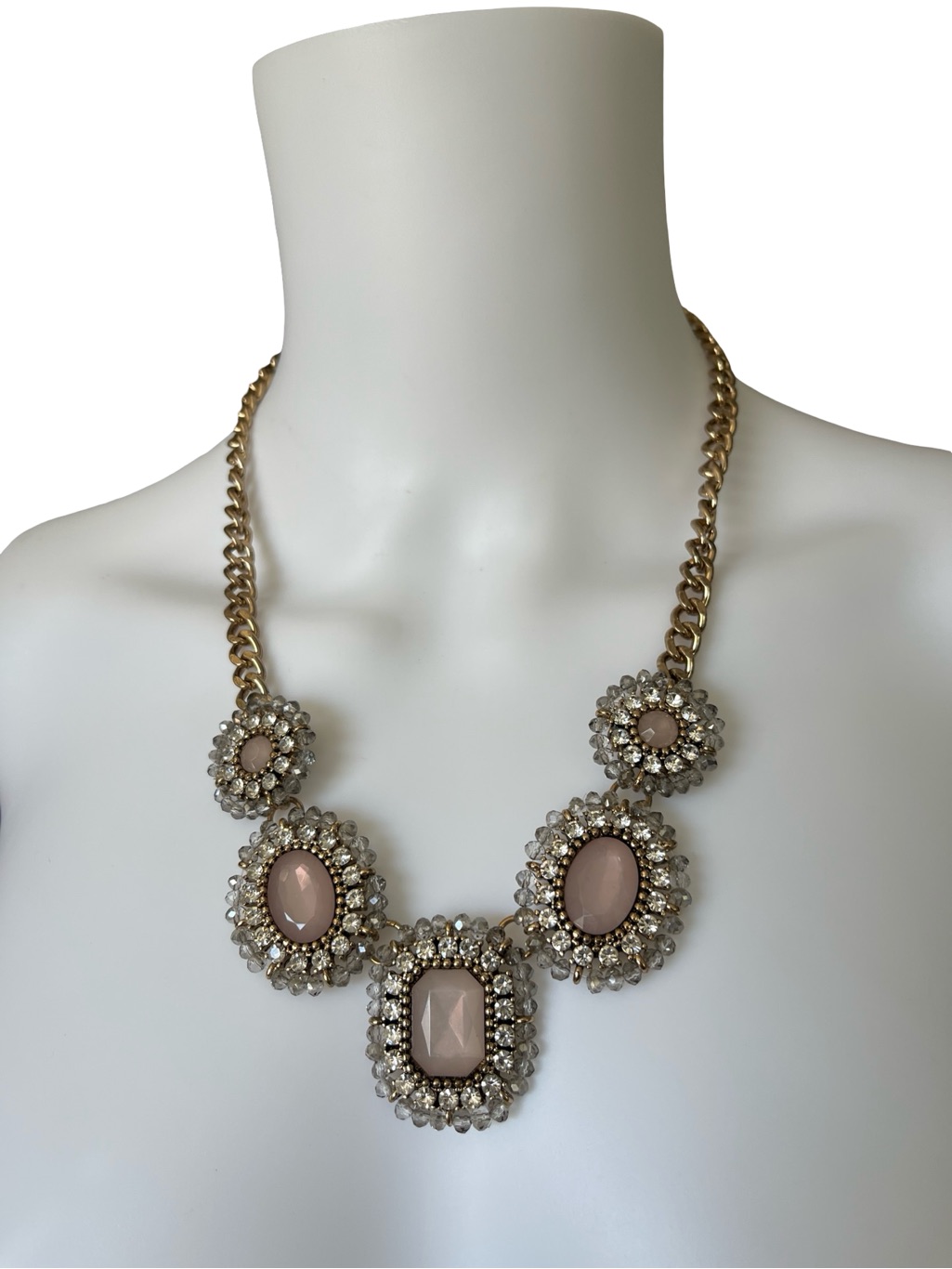 Gold Tone Statement Necklace Blush Pink Gold Tone Rhinestone
